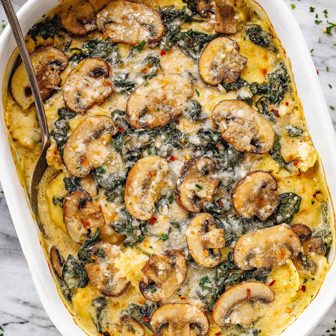 Cheesy Mushroom Ravioli Casserole with Spinach