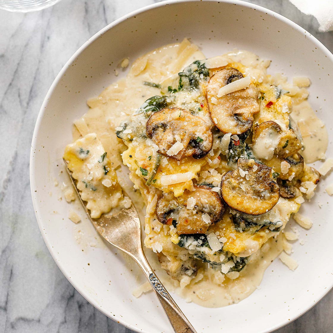 Cheesy Mushroom Ravioli Casserole with Spinach