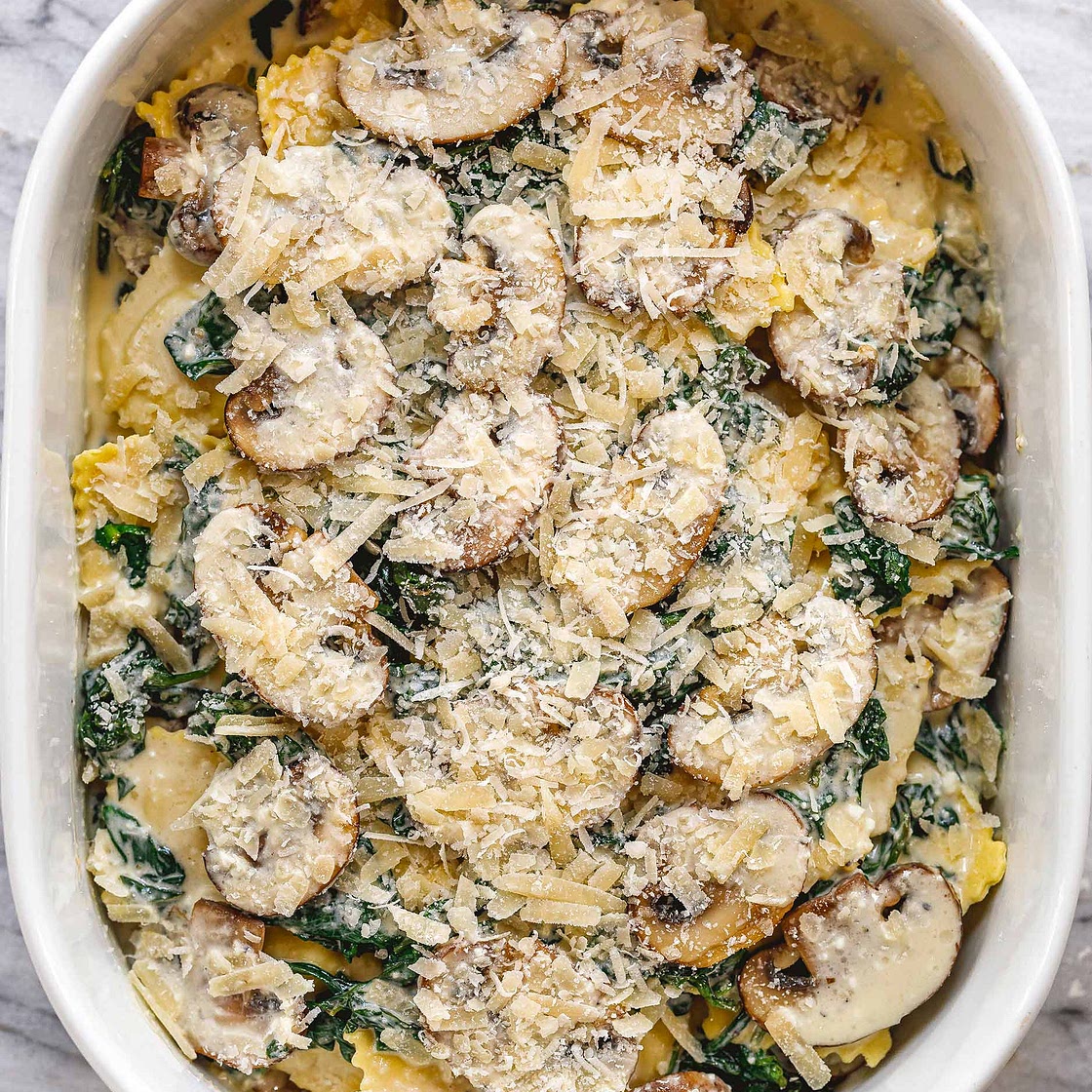 Cheesy Mushroom Ravioli Casserole with Spinach