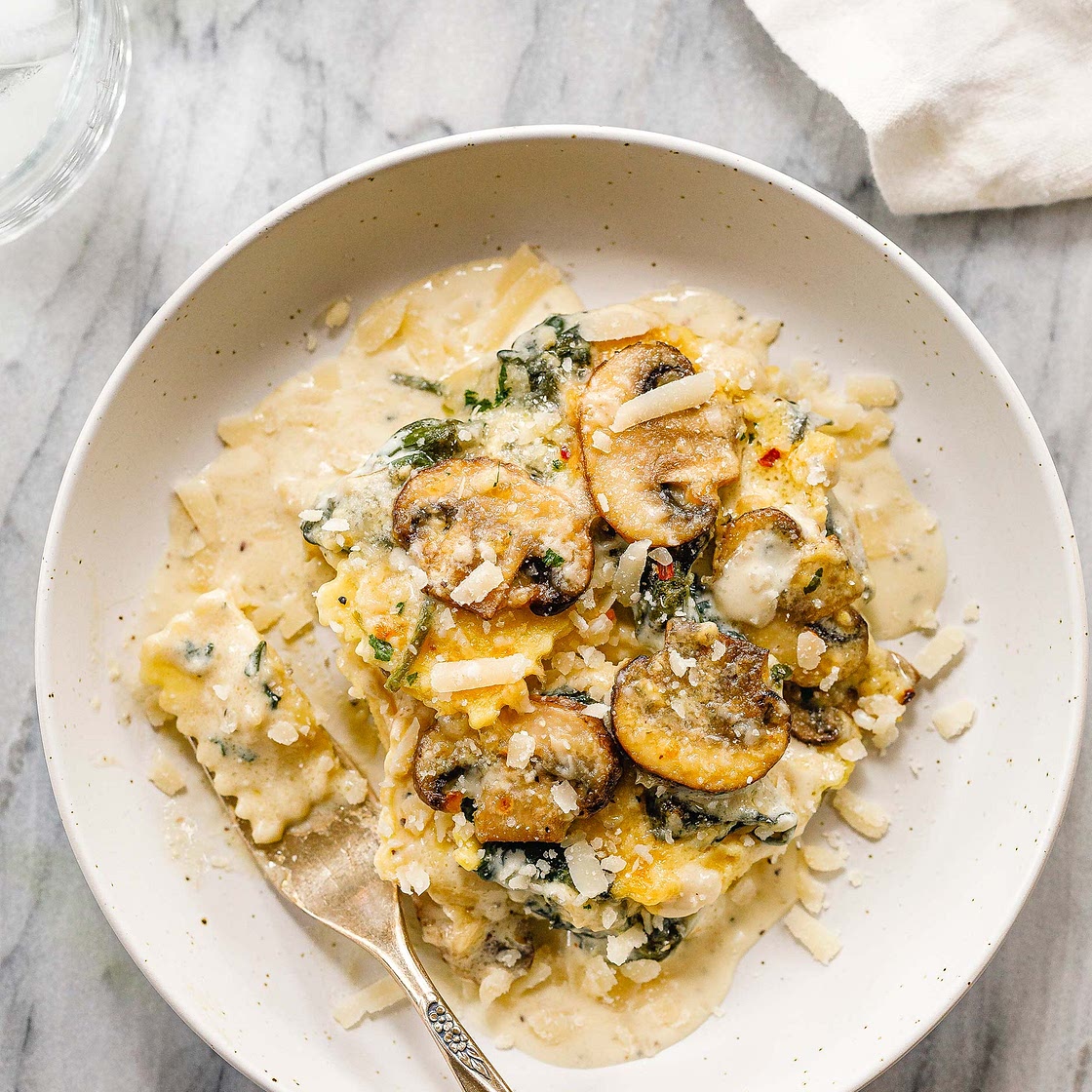 Cheesy Mushroom Ravioli Casserole with Spinach