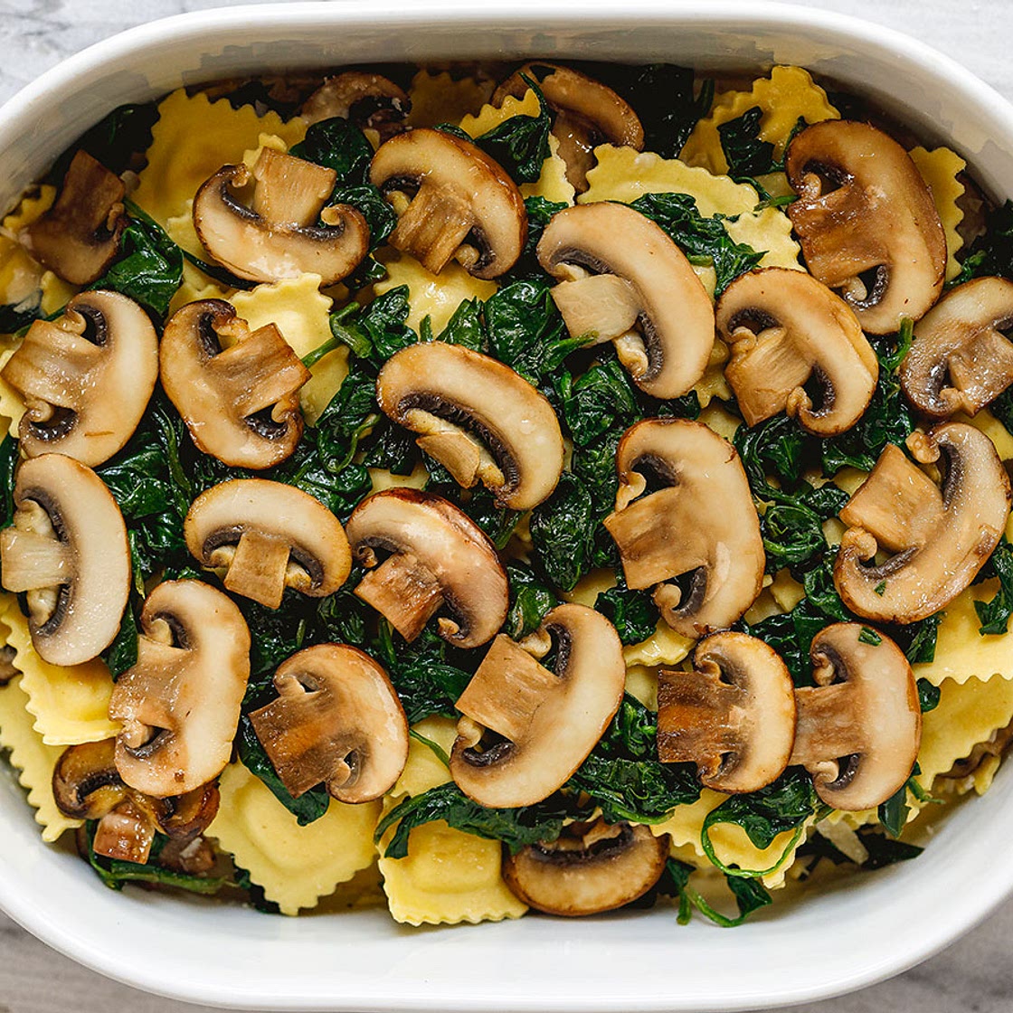 Cheesy Mushroom Ravioli Casserole with Spinach