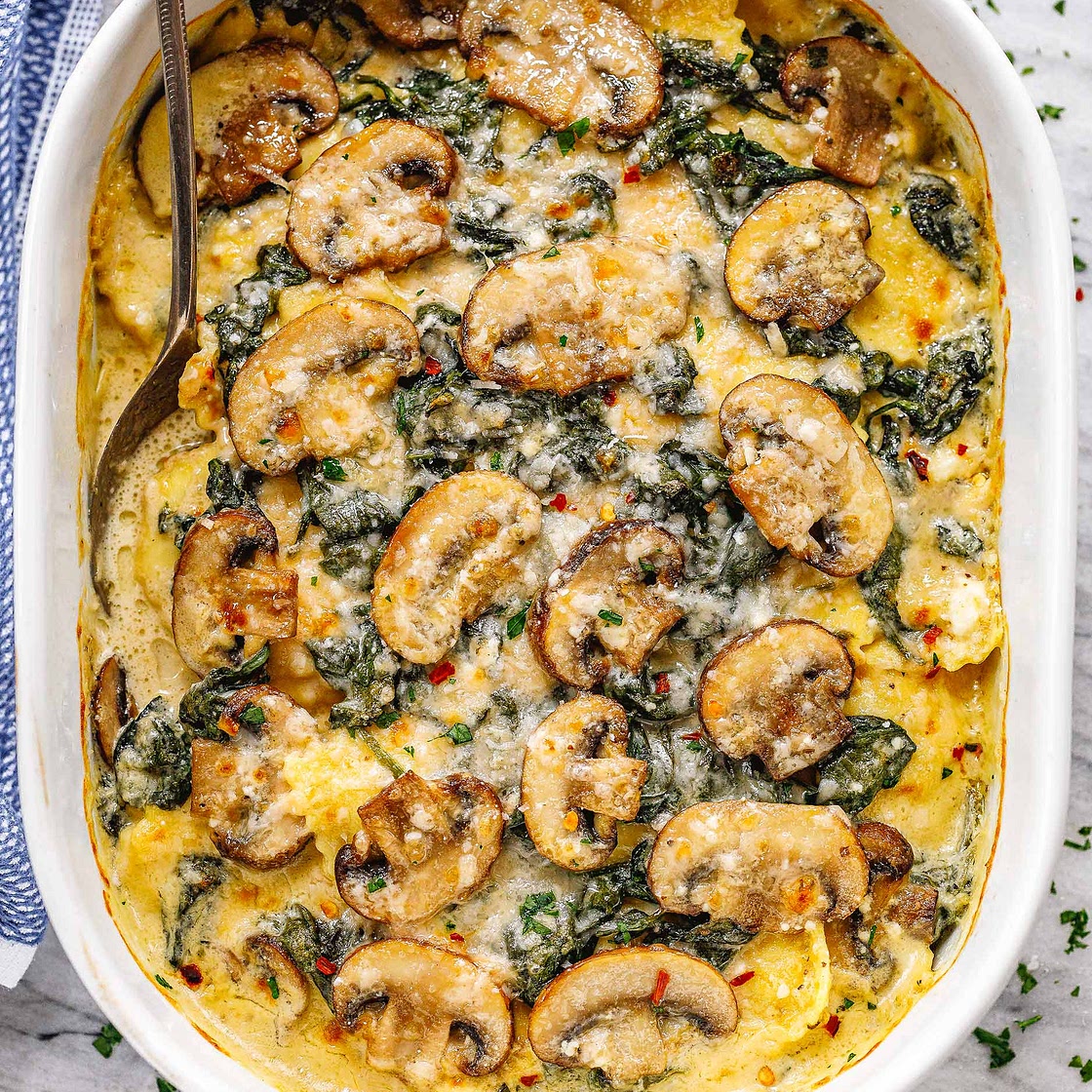 Cheesy Mushroom Ravioli Casserole with Spinach