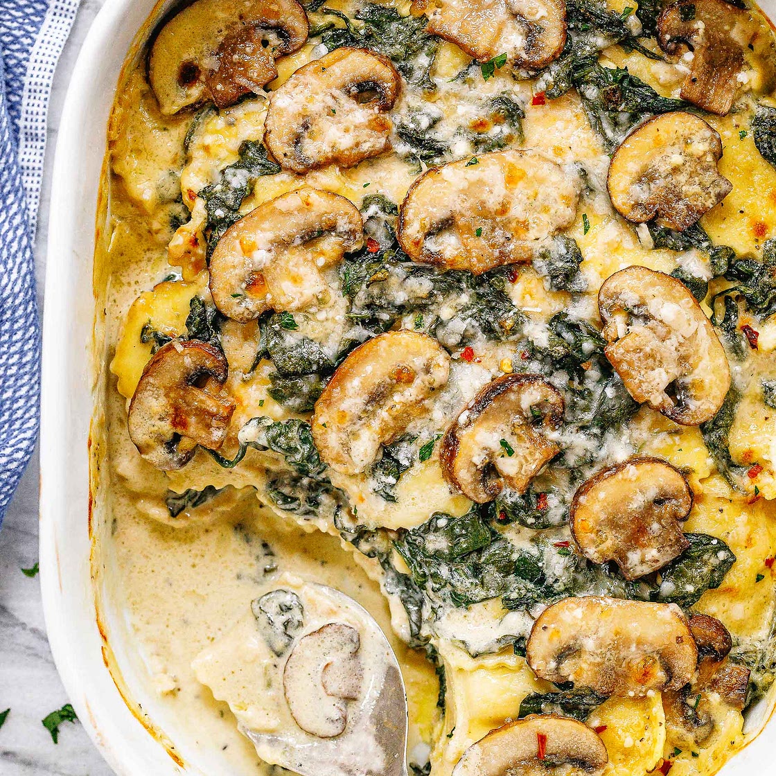 Cheesy Mushroom Ravioli Casserole with Spinach