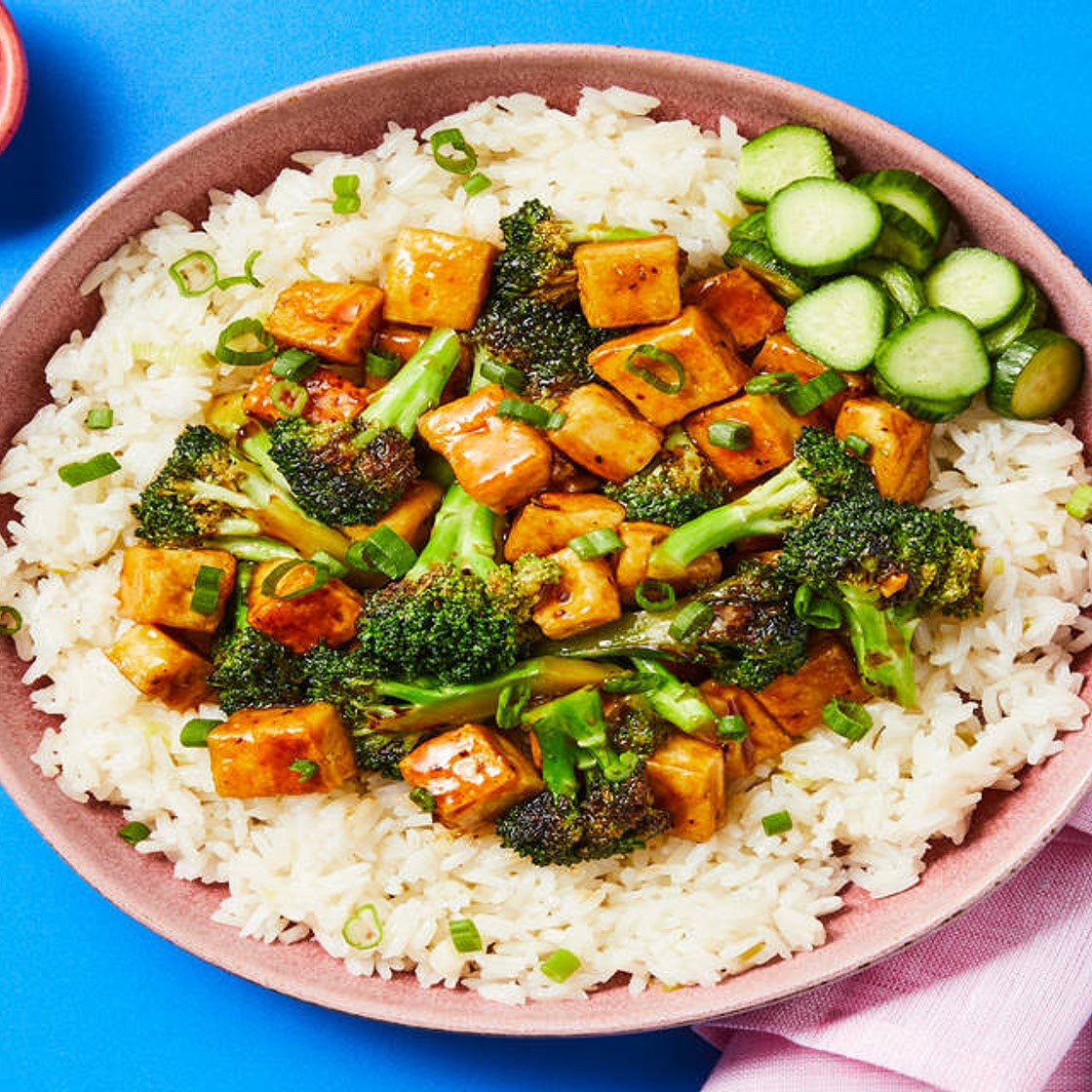 Vegan Sweet & Savory Tofu Bowls with Broccoli, Pickled Cucumber & Sesame Scallion Rice
