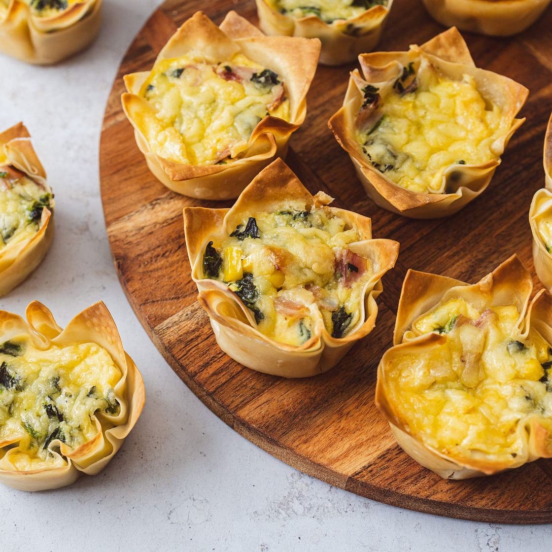 Cheesy ham and corn wonton quiche cups recipe