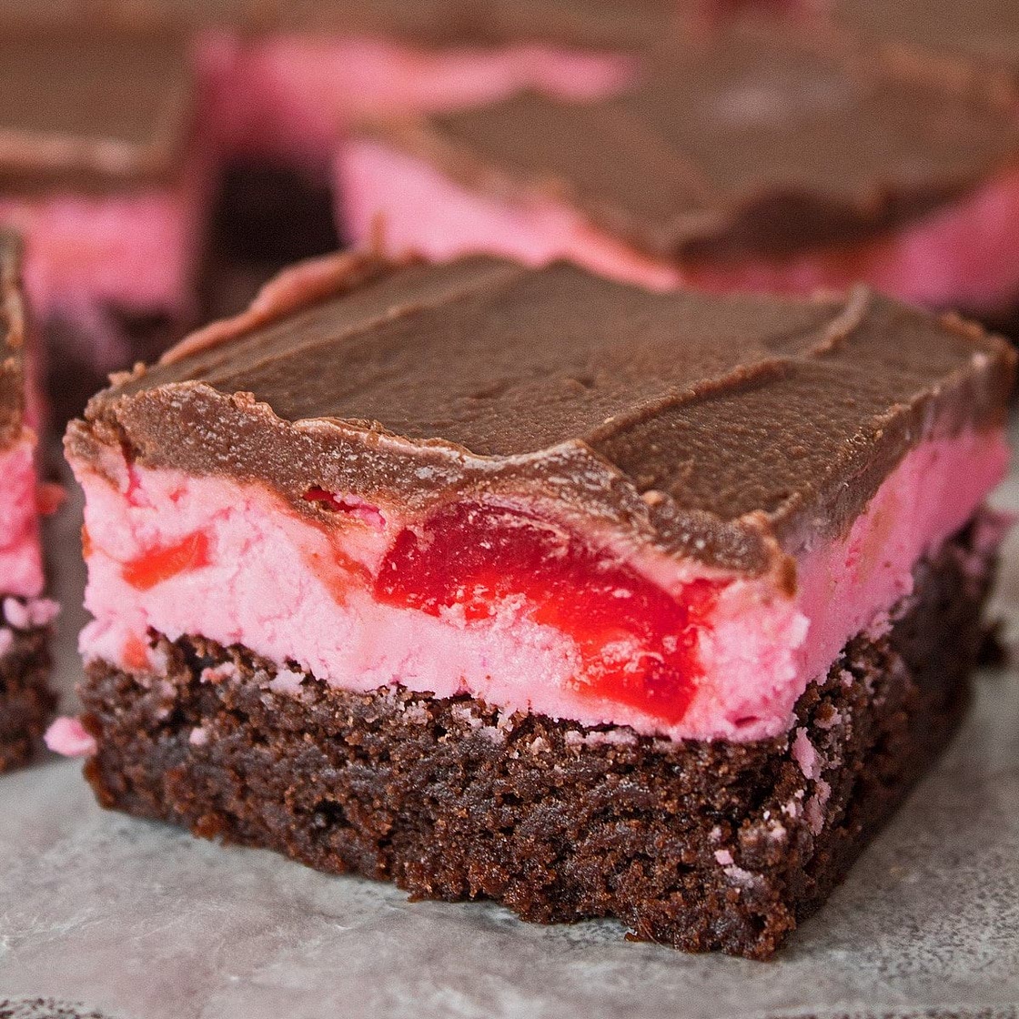 Chocolate Maraschino Cherry Brownies with Frosting & Chocolate Ganache