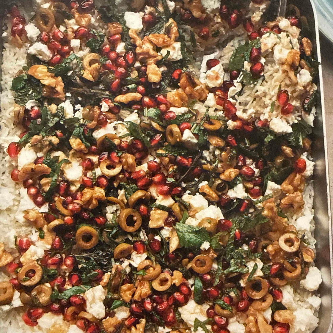 Baked mint rice with pomegranate and olive salsa