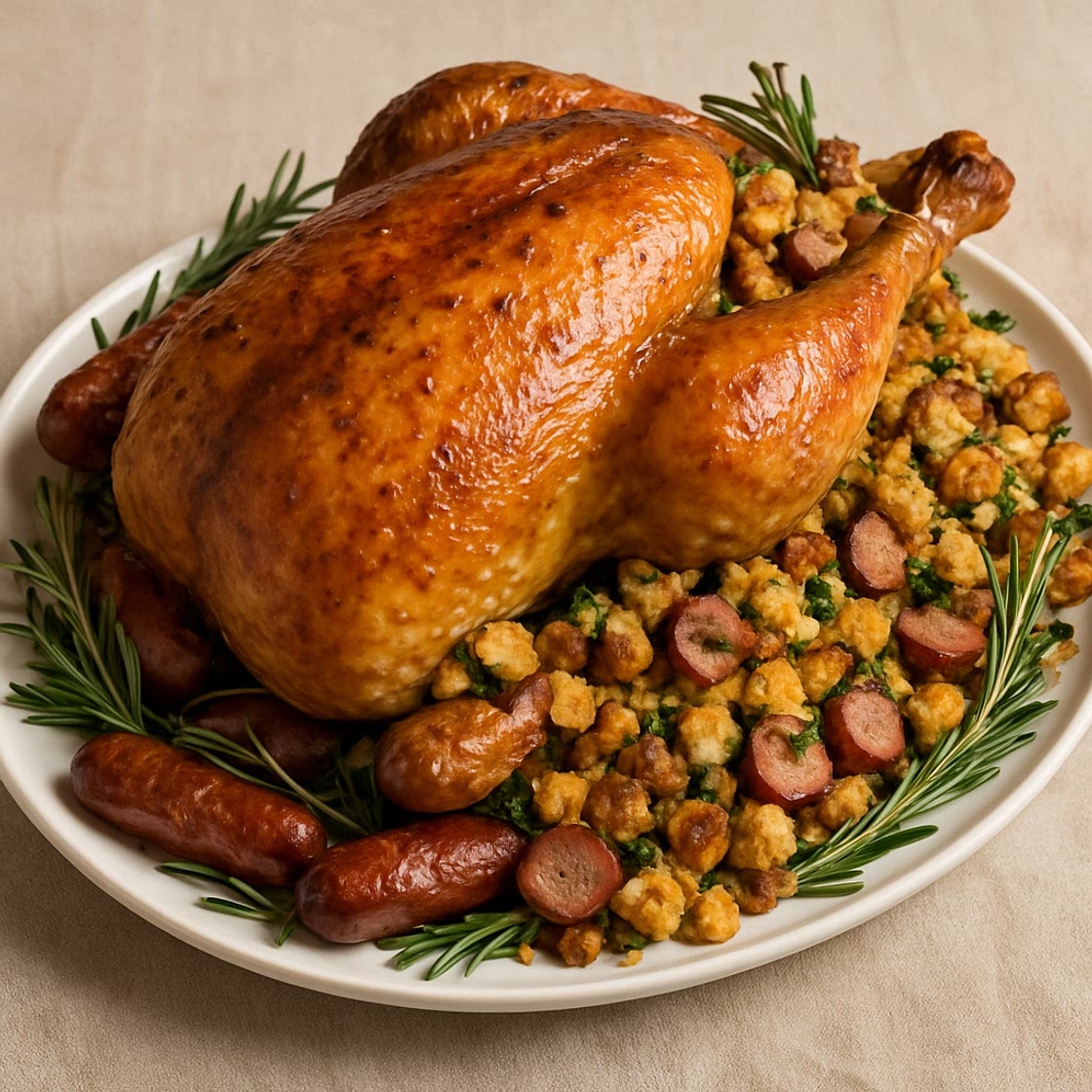 Roast Turkey with Smoked Sausage and Rosemary Stuffing