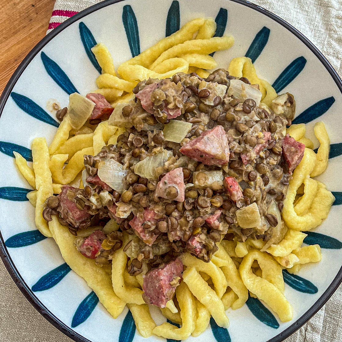 Swabian Lentils with Egg Noodles and Sausage