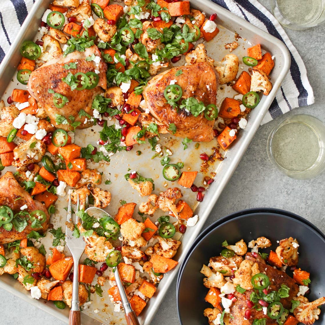 Sheet Pan Chicken Thighs with Cauliflower, Sweet Potato and Pomegranate