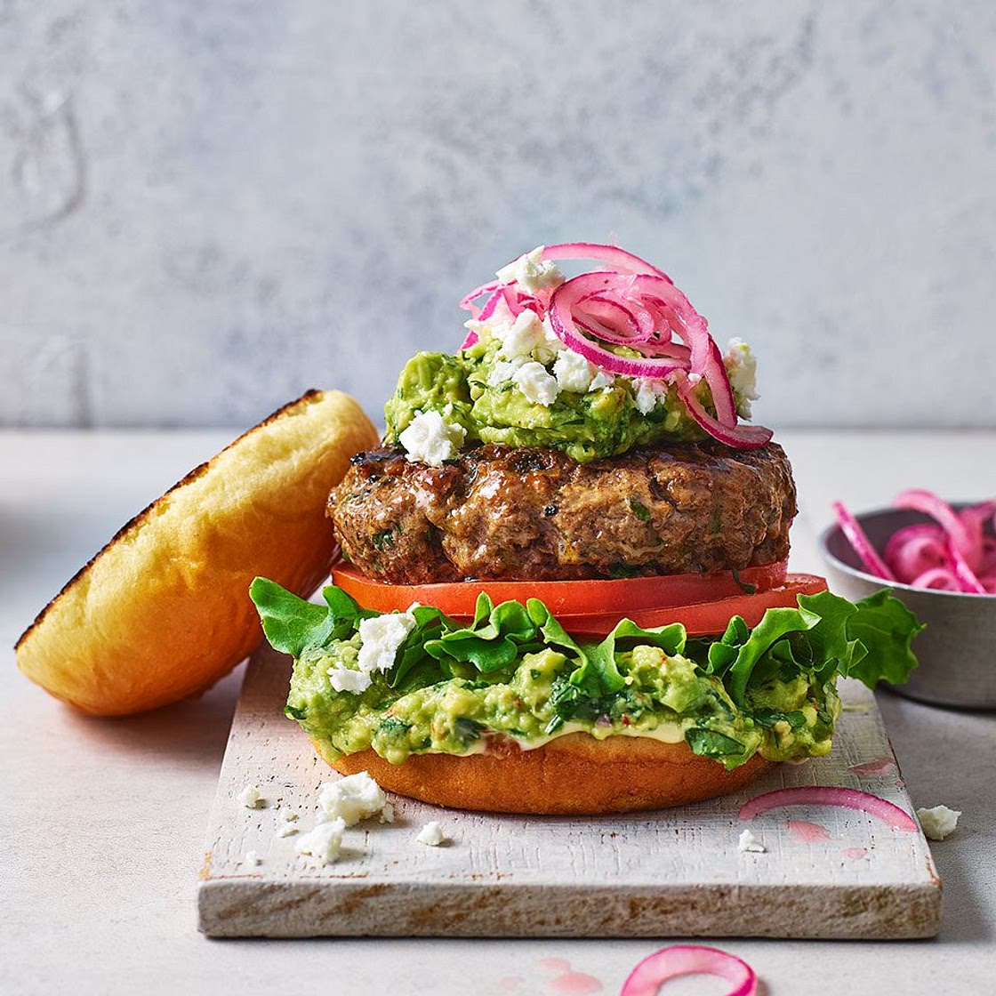 Avocado and feta cheeseburger