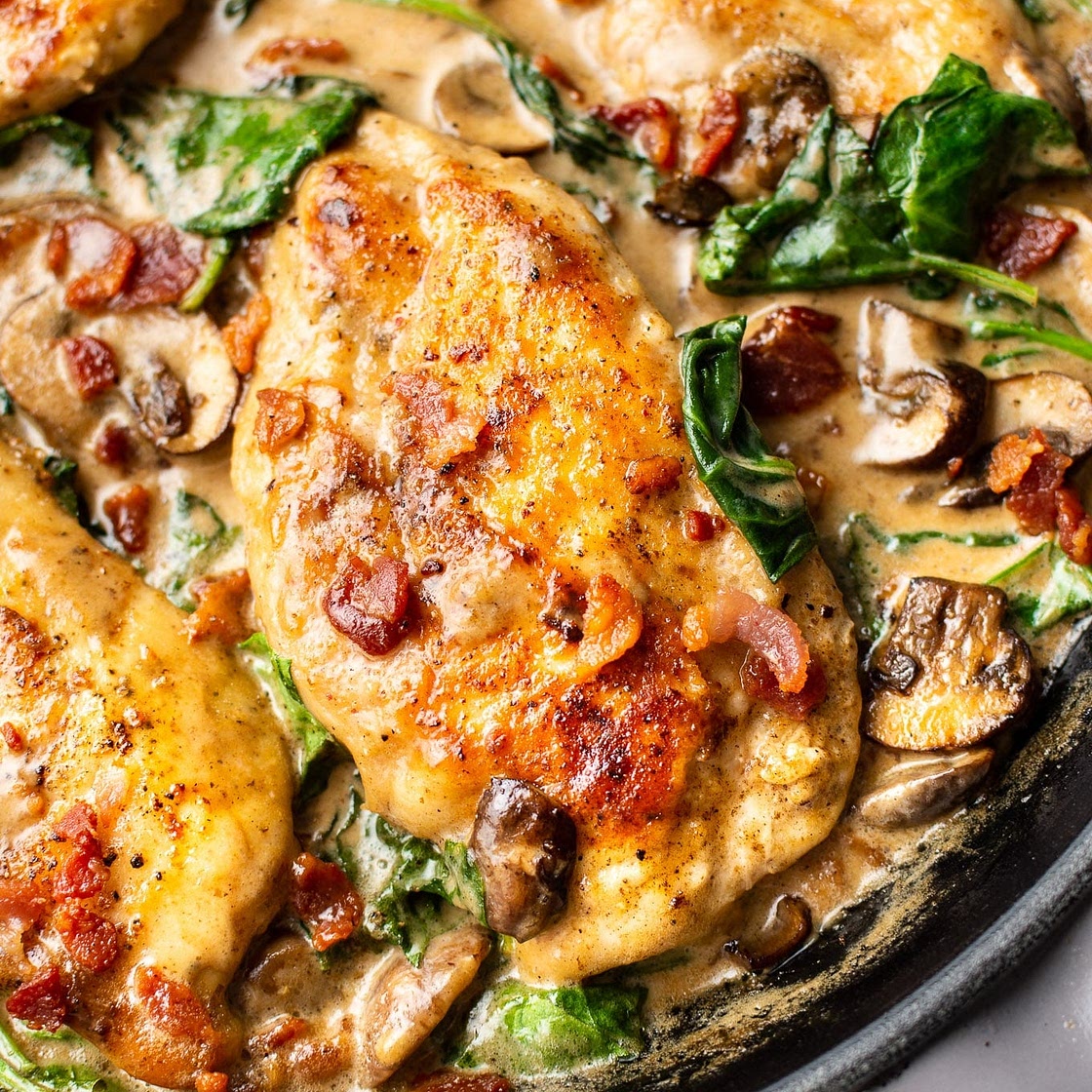 Creamy Balsamic Spinach Bacon Mushroom Chicken