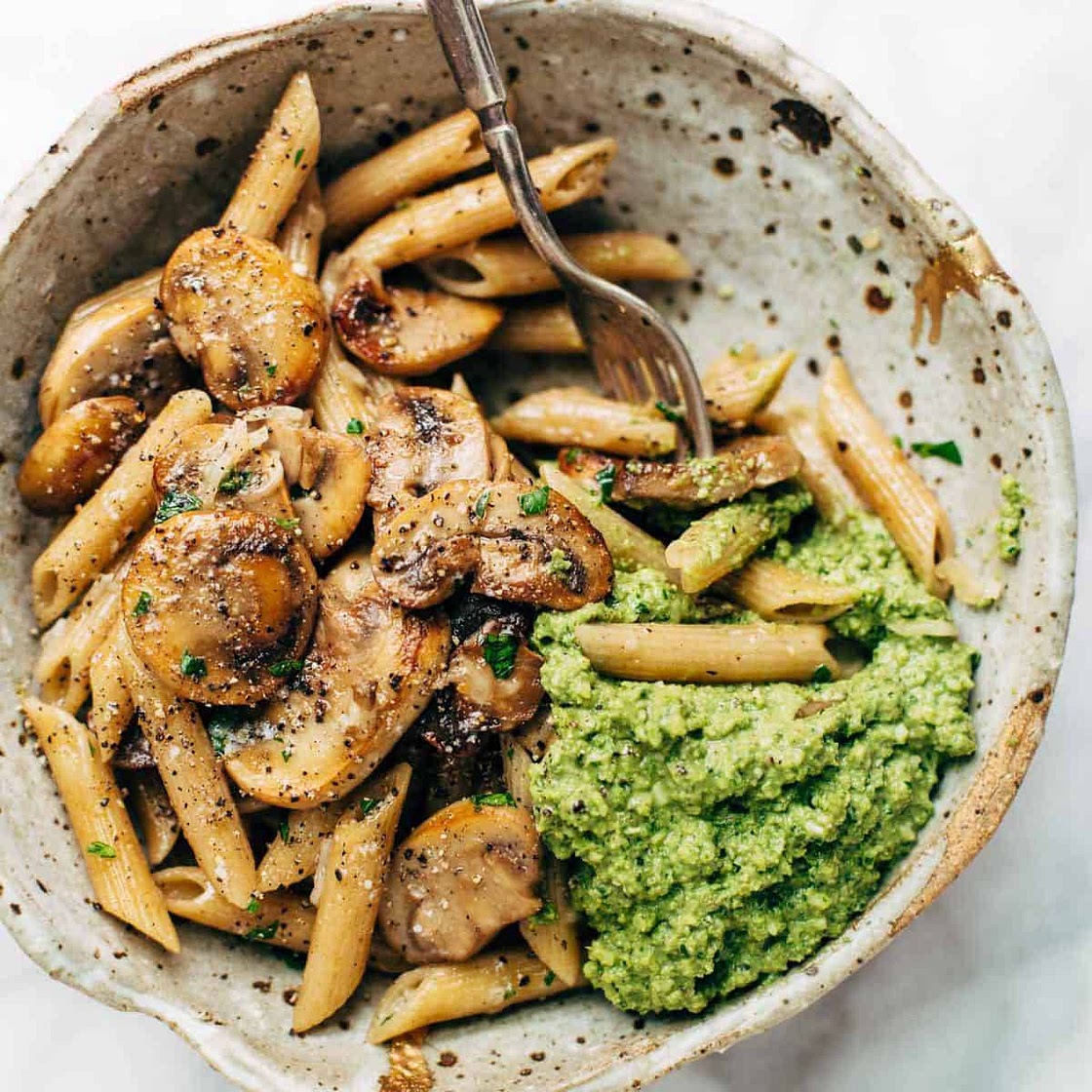 Simple Mushroom Penne with Walnut Pesto