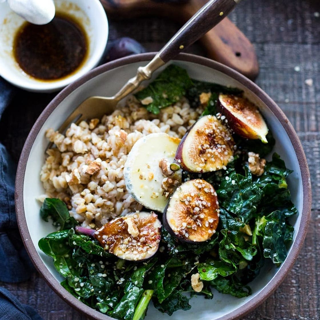 Farro Bowl with Figs, Kale and French Goat Cheese