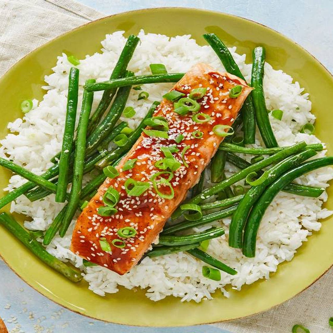 Teriyaki Salmon with Green Beans and Jasmine Rice