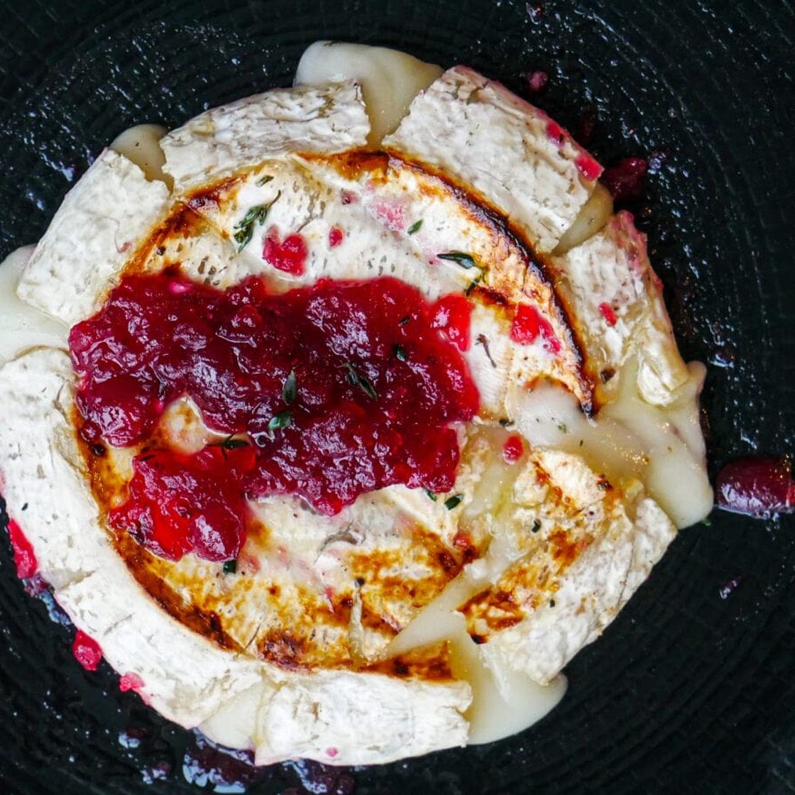 Baked Garlic Goat Brie with Cranberry, Rosemary and Thyme