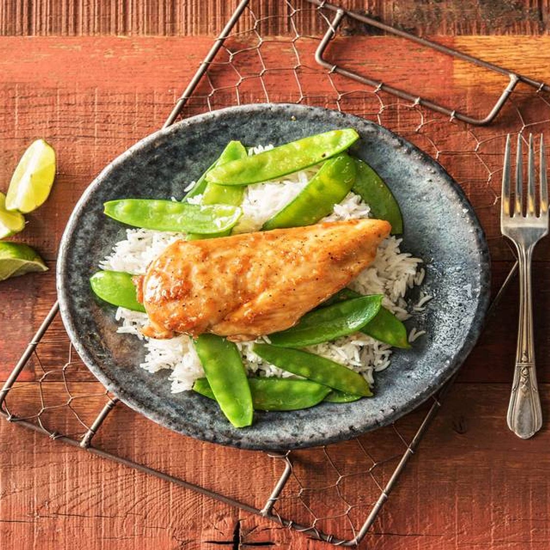 Sweet-As-Honey Chicken with Snow Peas over Jasmine Rice