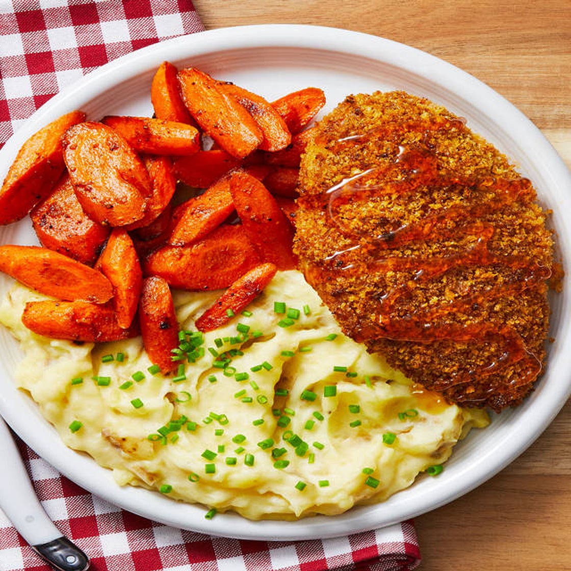 Crispy Hot Honey Chicken with Roasted Carrots and Chive Mashed Potatoes