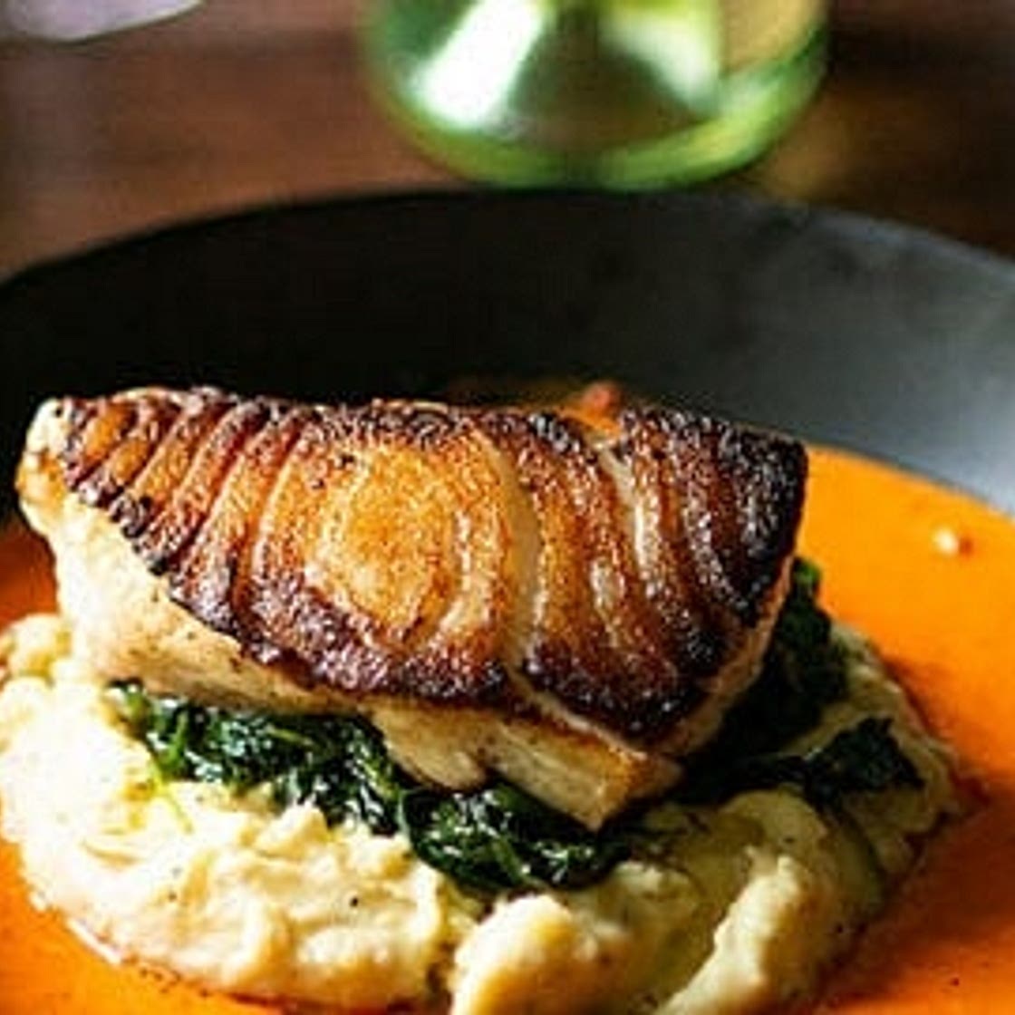 Pan Fried Seabass with Potato Puree and Red Pepper Veloute