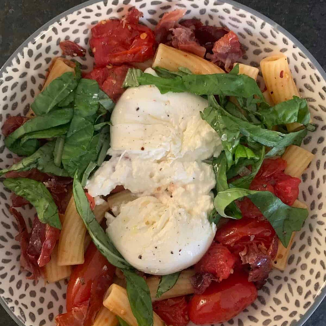 Crispy Prosciutto Tomato Burrata Pasta