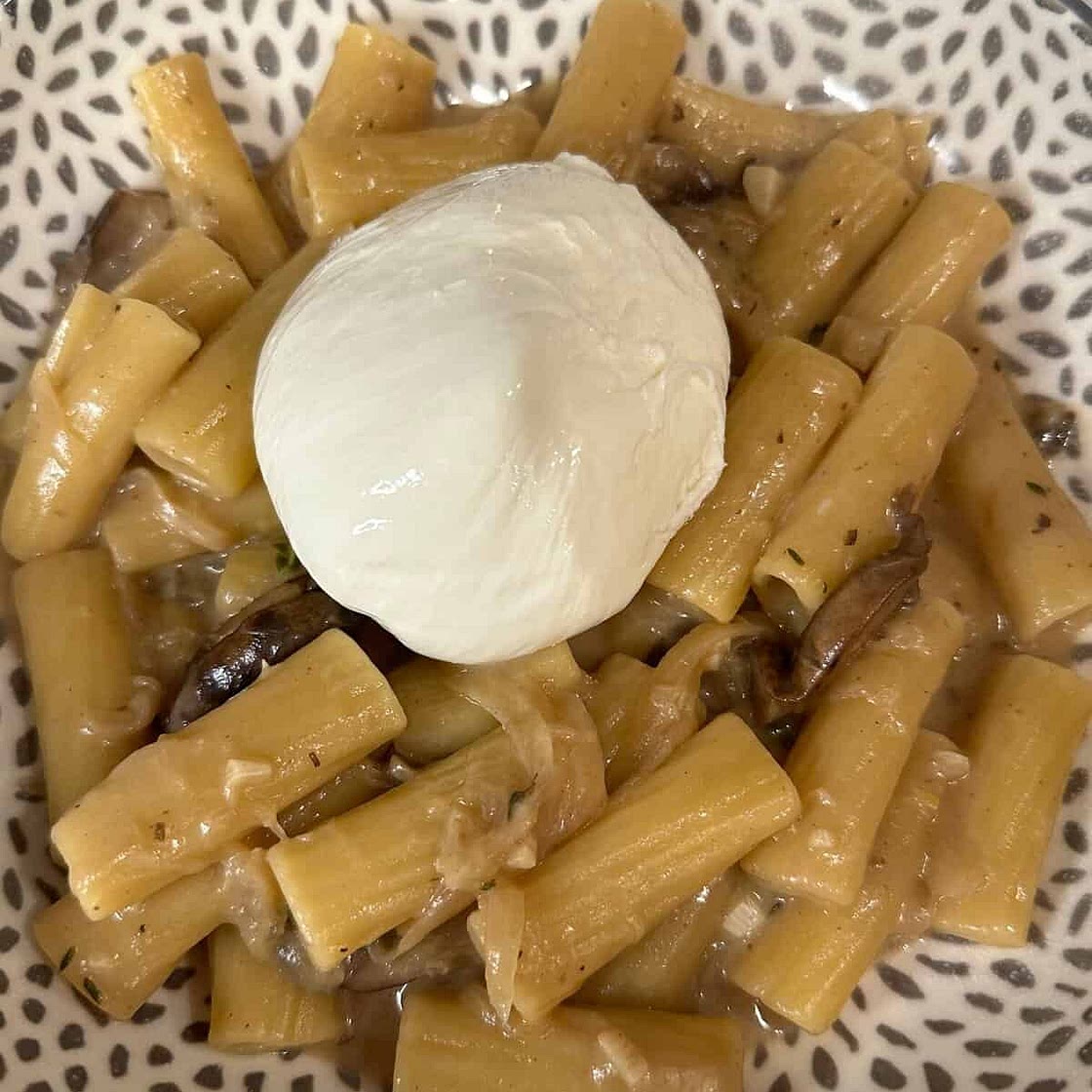 One Pot French Onion Pasta with Truffle Burrata