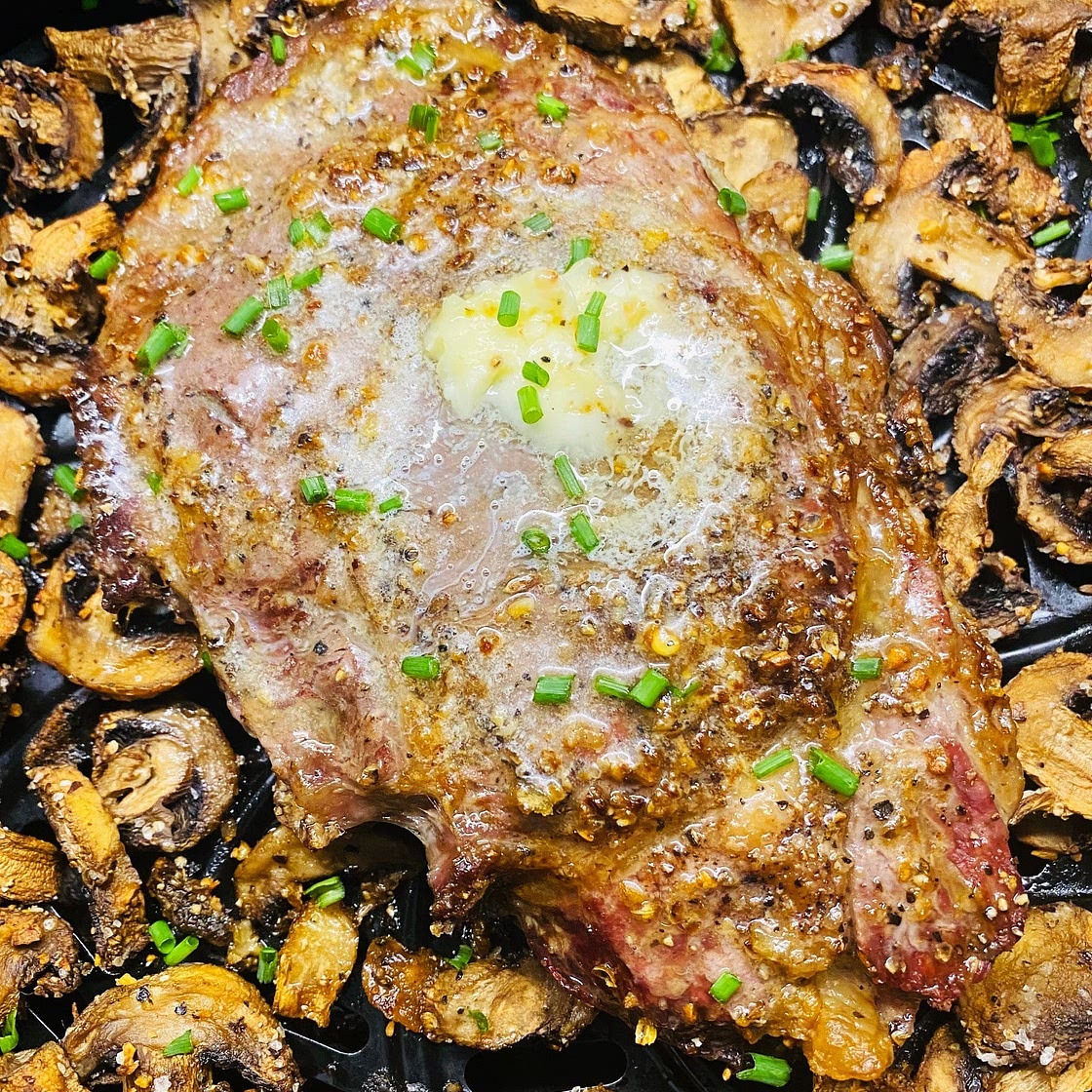 Air Fryer Ribeye and Mushrooms