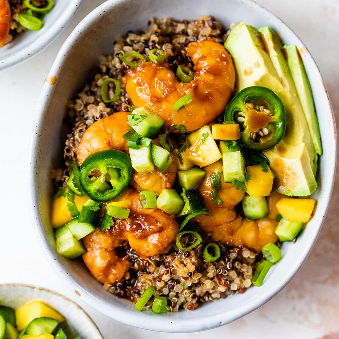 Teriyaki Shrimp Quinoa Bowls with Mango-Cucumber Salsa