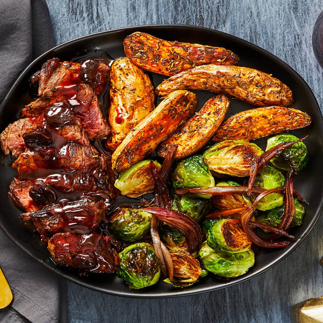 Cherry Balsamic Sirloin with Herby Fingerling Potatoes & Roasted Brussels Sprouts