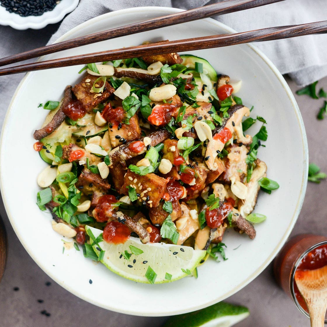 Crispy Peanut Tofu with Squash Noodles (Air Fryer)