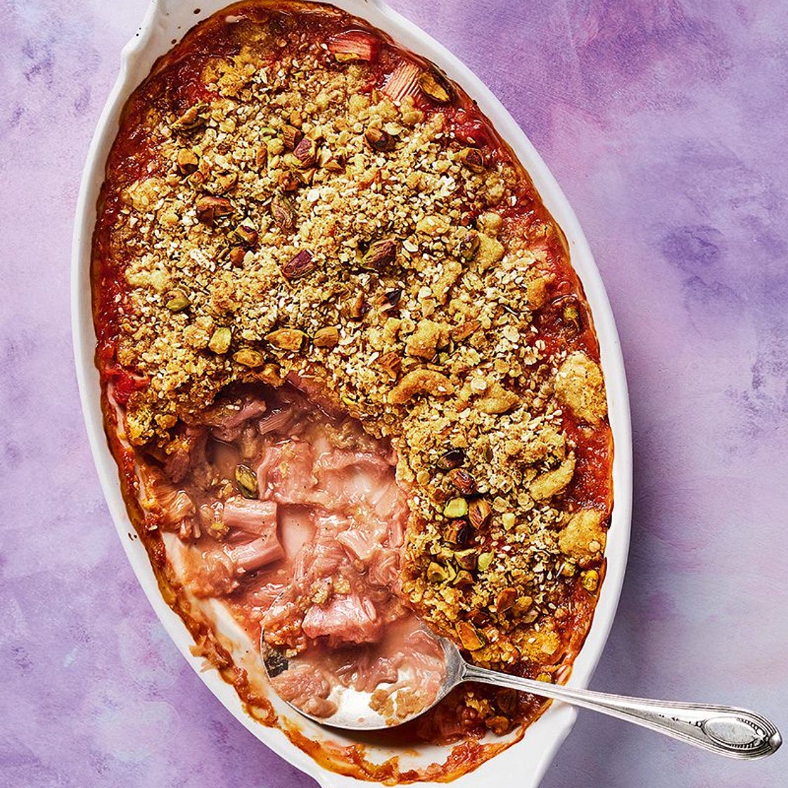Rhubarb, rose and pistachio crumble