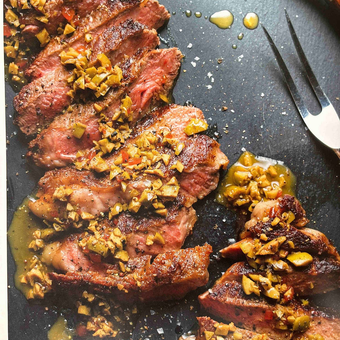 Ribeye Steaks with Green Olive—White Wine Pan Sauce