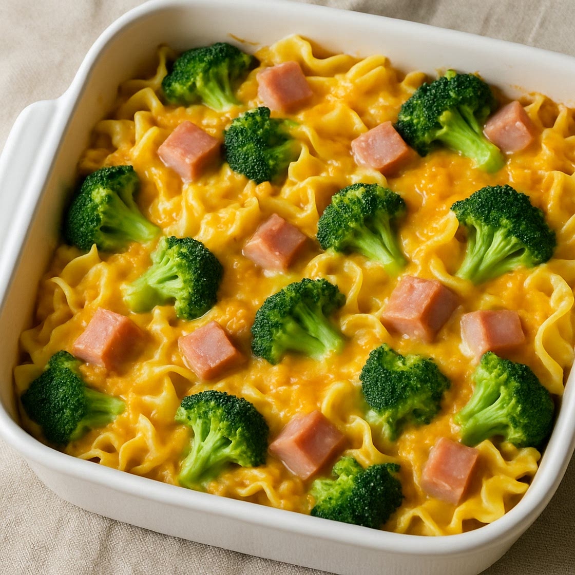 Ham and Broccoli Cheddar Noodle Casserole
