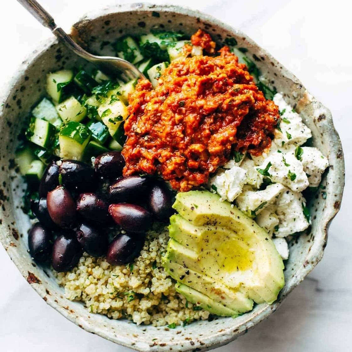 Mediterranean Quinoa Bowls with Roasted Red Pepper Sauce