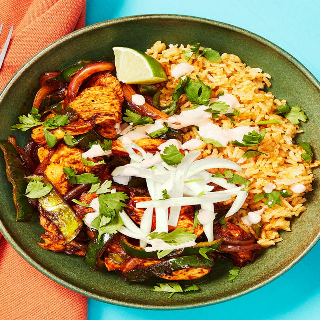 Yucatán Citrus Chicken Bowls with Poblano, Smoky Red Pepper Crema & Pickled Onion