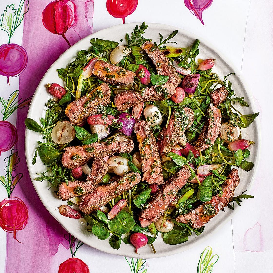 Peppered steak and charred radish salad