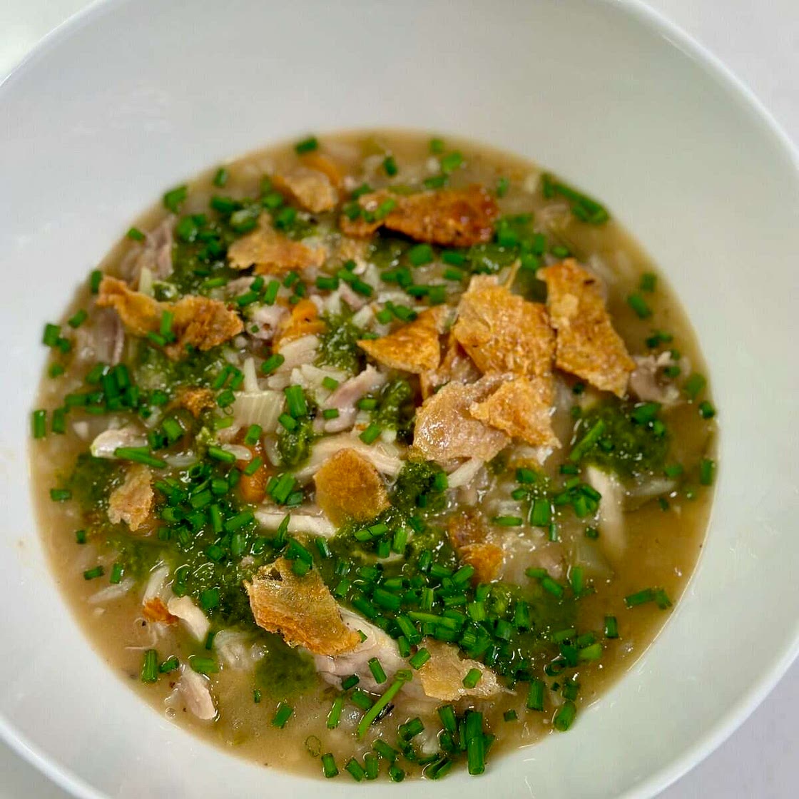 Herby Chicken and Rice Soup with Crispy Chicken Skin