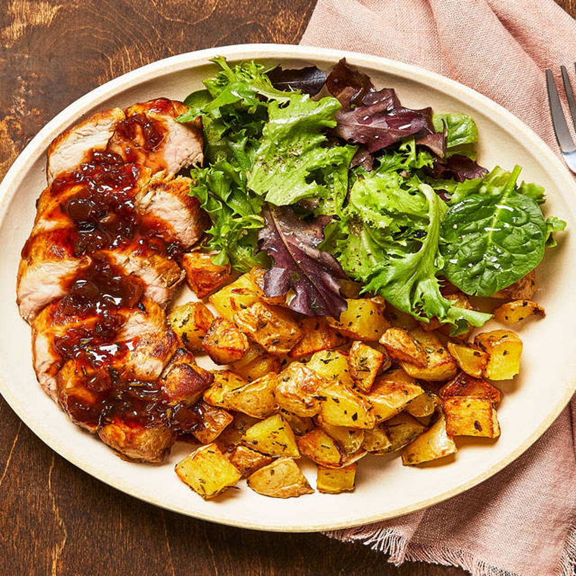 Figgy Balsamic Pork with Lemony Greens and Rosemary Potatoes