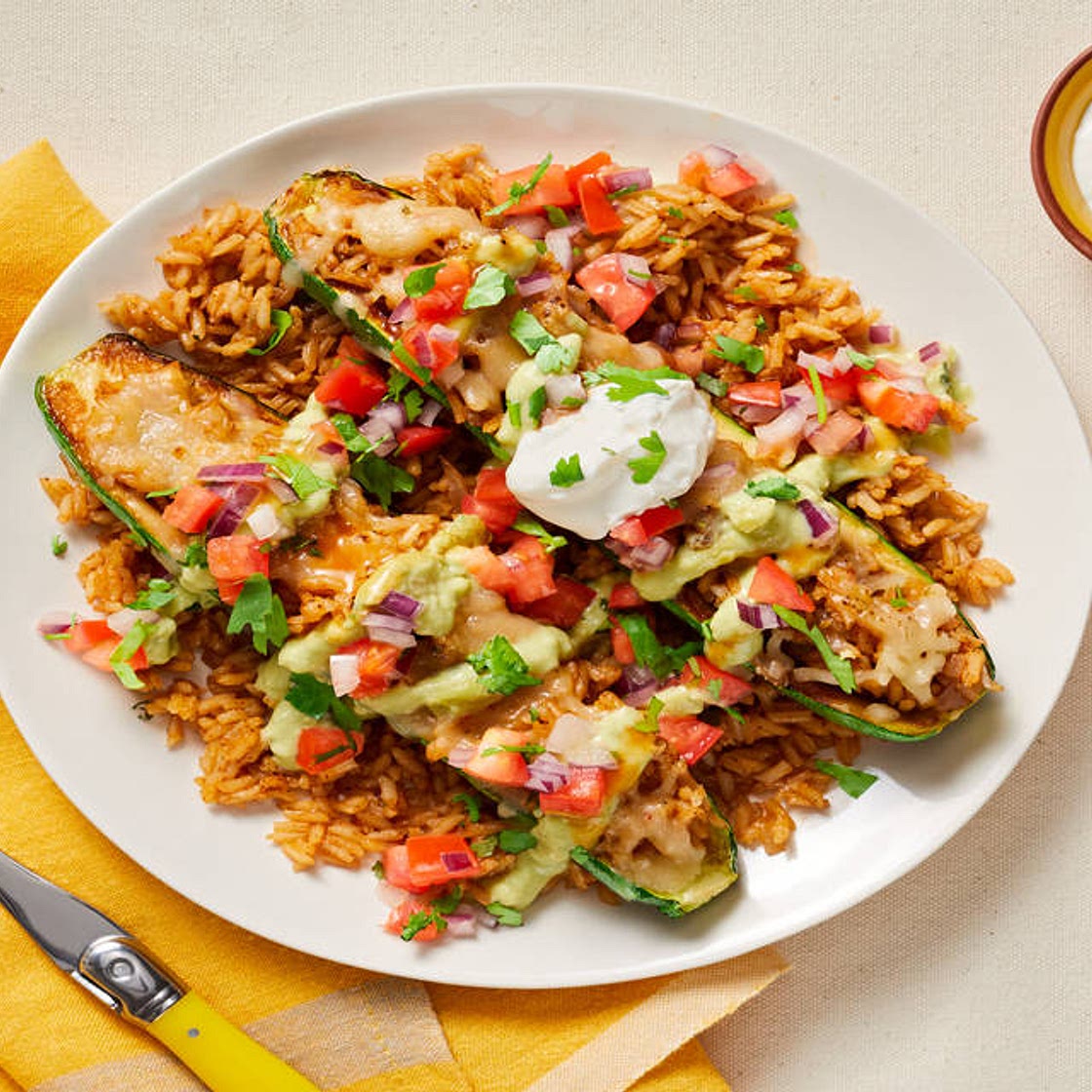 Southwest Stuffed Zucchini Boats with Pico de Gallo, Avocado Crema & Cilantro