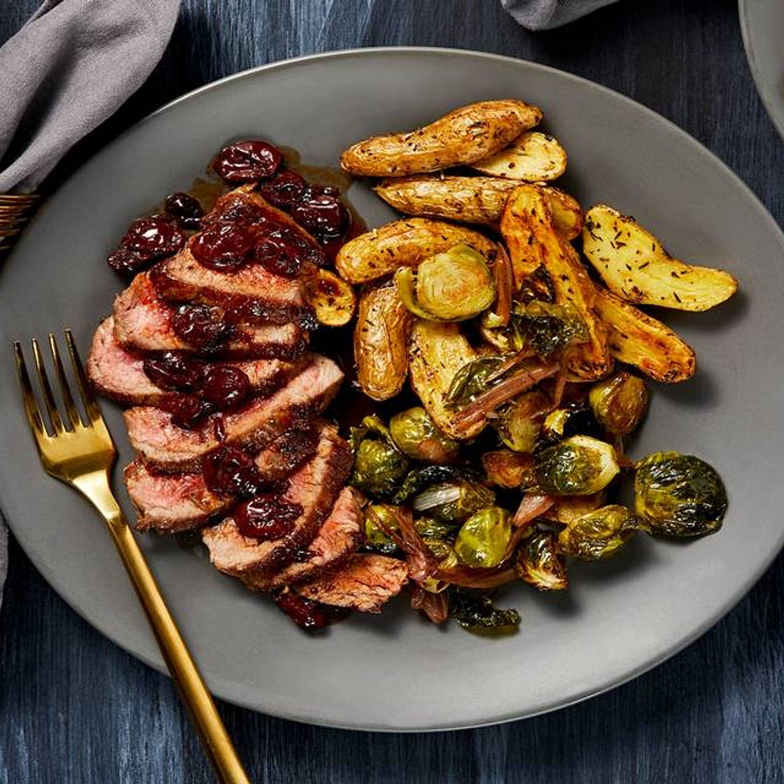 Cherry-Balsamic Sirloin with Herby Roasted Fingerling Potatoes and Roasted Brussels Sprouts