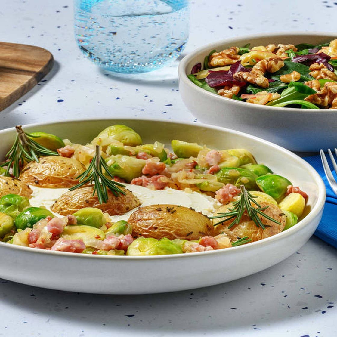 Abfahrt! Zitronige Frischecremepiste gesäumt von Tannenbaum-Kartoffeln & Speck-Rosenkohl