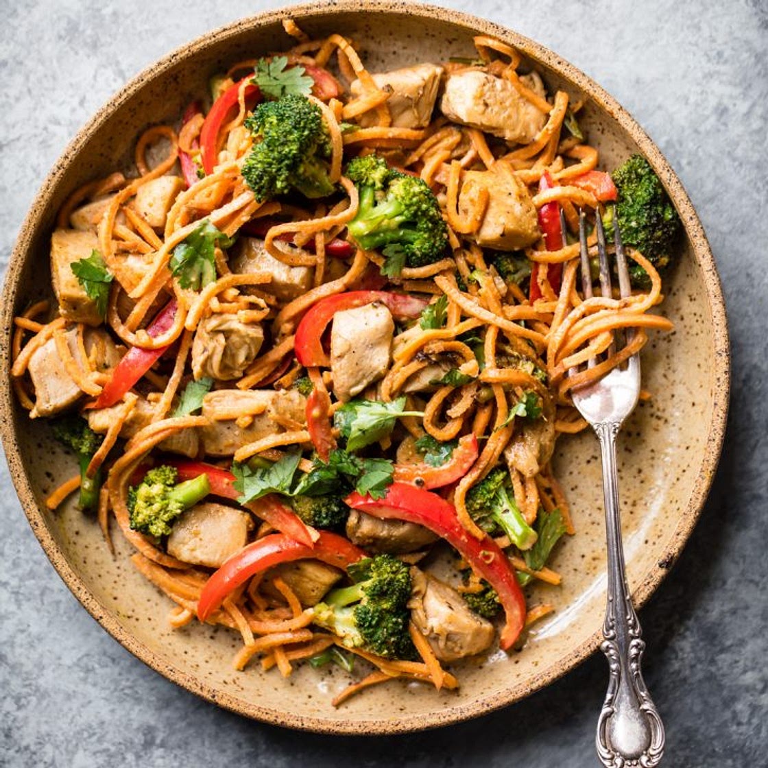 30-minute Spicy Thai Peanut Chicken & Sweet Potato Noodle Stir Fry