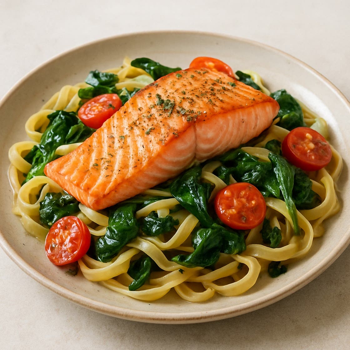 Lachs und Tagliatelle mit Spinat und Tomaten