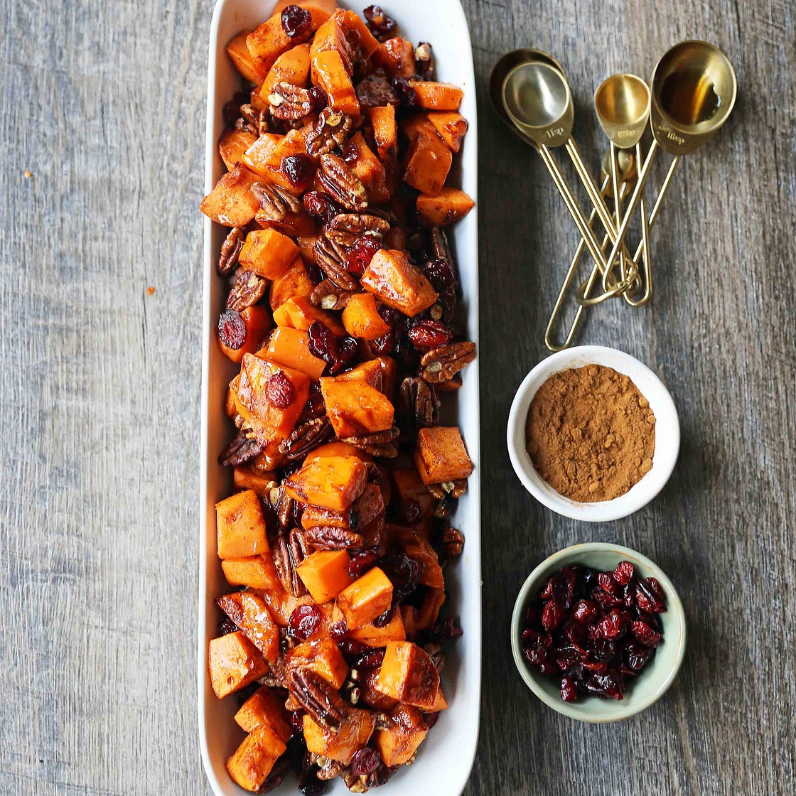 Roasted Sweet Potatoes with Pecans and Cranberries