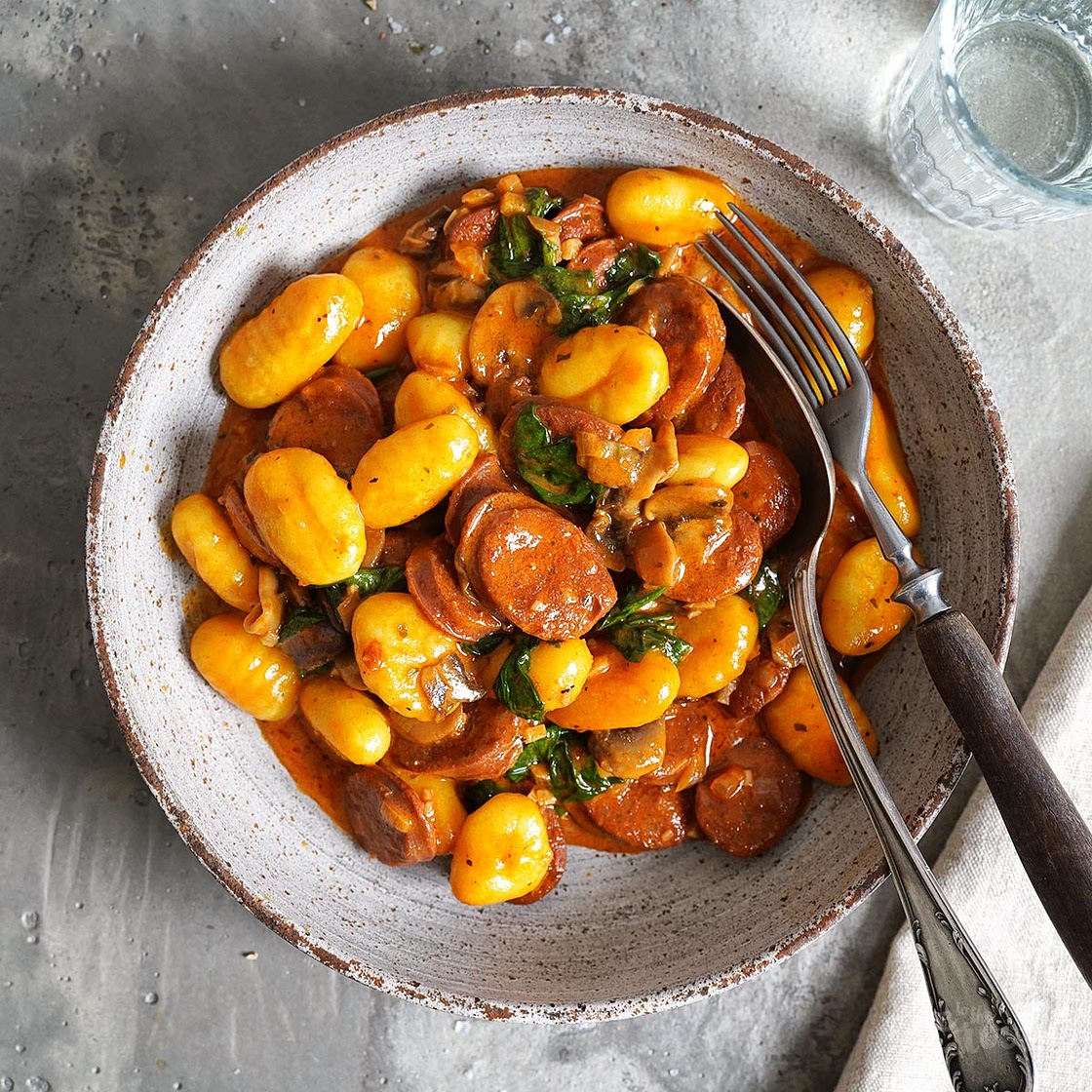 Gnocchi with Mushrooms, Spinach & Chorizo