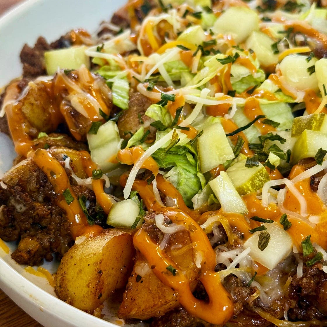 Blackstone Cheesy Potato Burger Bowls