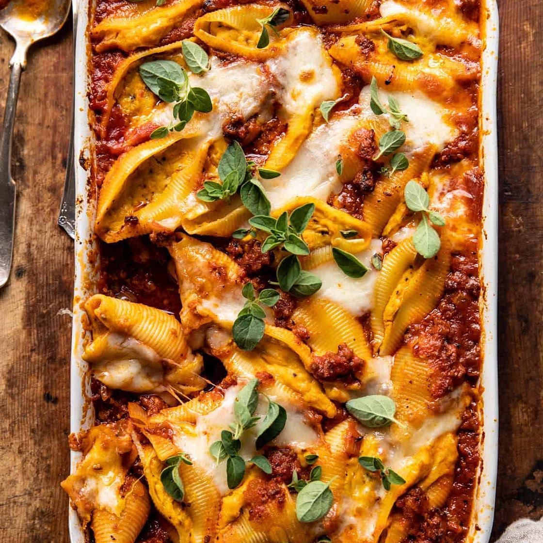 Pumpkin Cheese Stuffed Pasta Shell Bolognese Bake