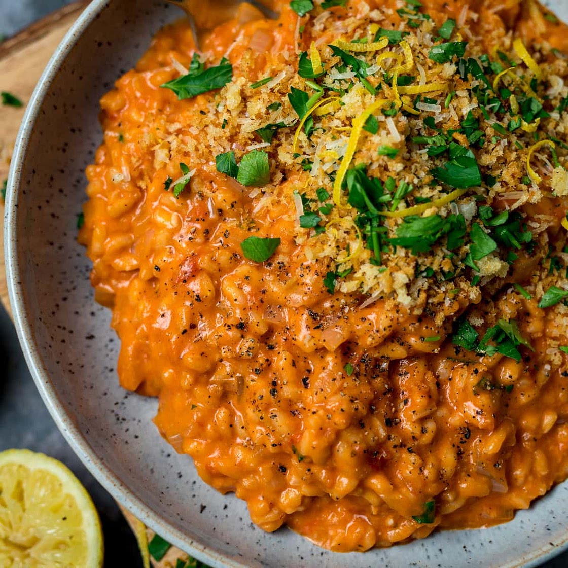 Creamy Tomato Risotto with Crispy Garlic Crumbs