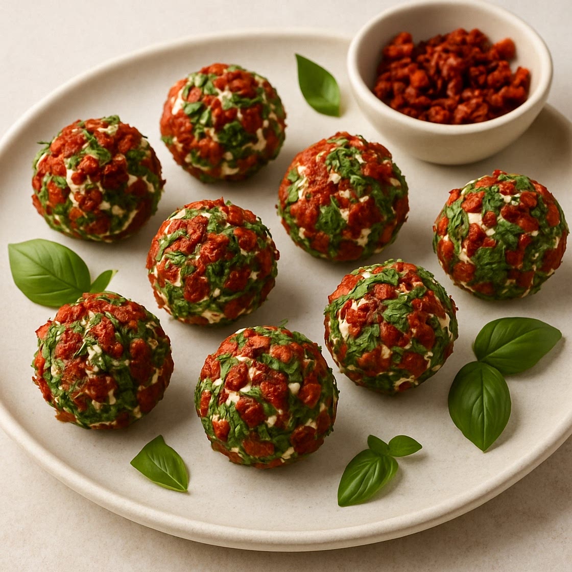 Frischkäsebällchen mit getrockneten Tomaten & Basilikum