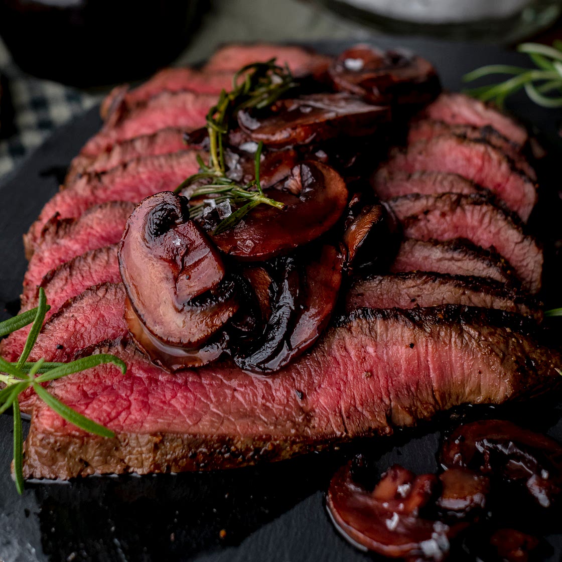 Elk Backstrap with Red Wine Mushrooms