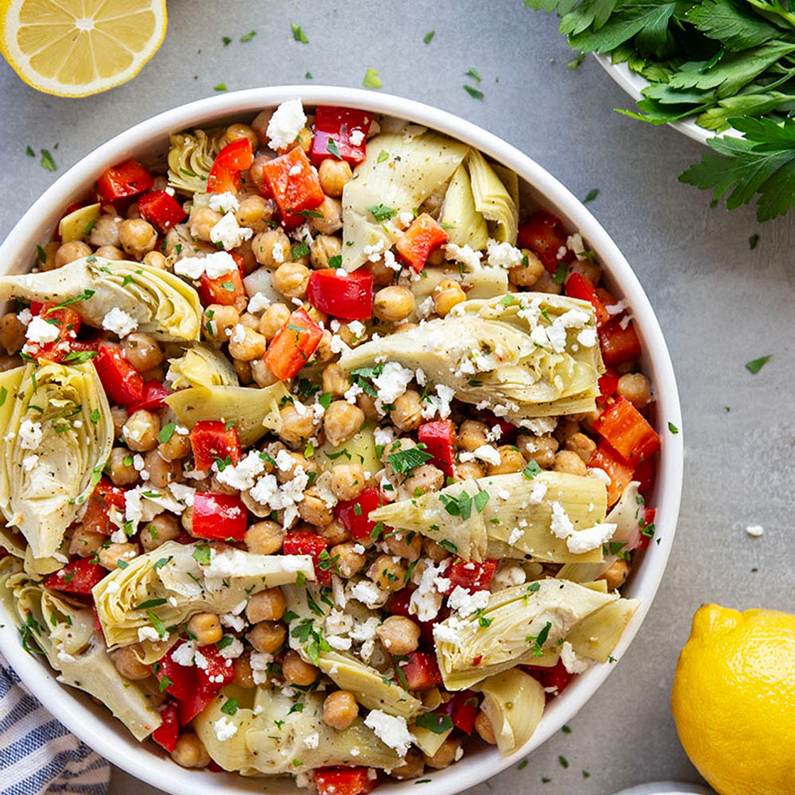 Crispy Chickpea Artichoke Salad with Lemon Dressing